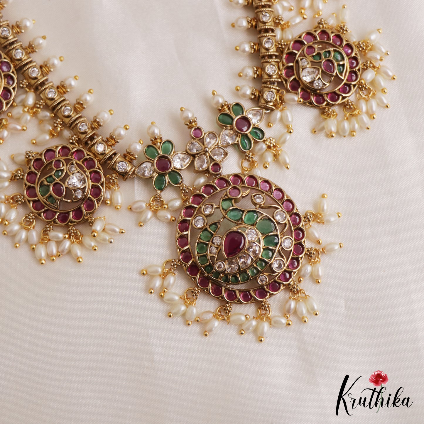 Stunning Peacock Floral Motifs Jadau Necklace With Rice Pearl Drops NC3134