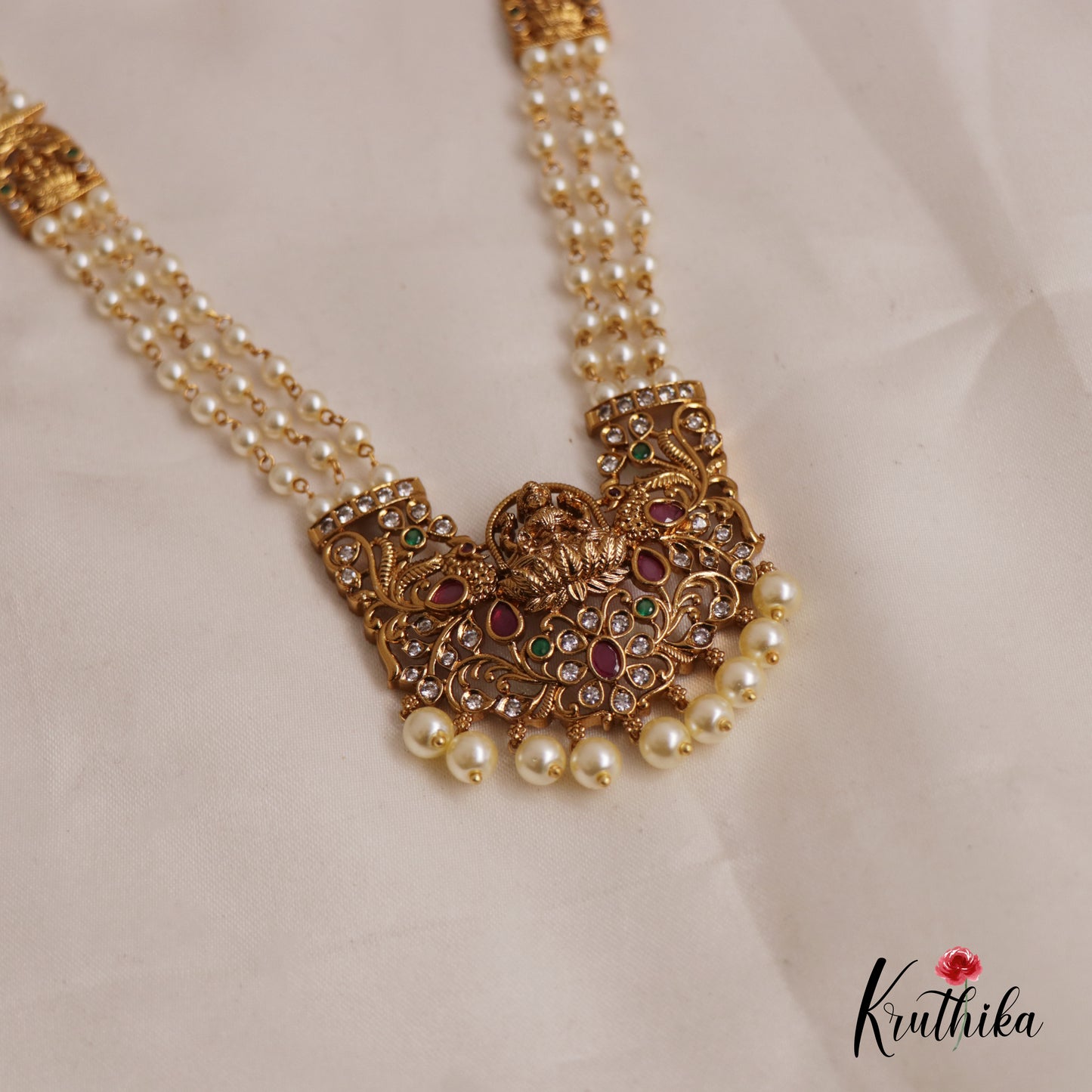 Beautiful Triple Layered Pearl Strands With Lakshmi Peacock Motifs Pendant Haaram LH2012