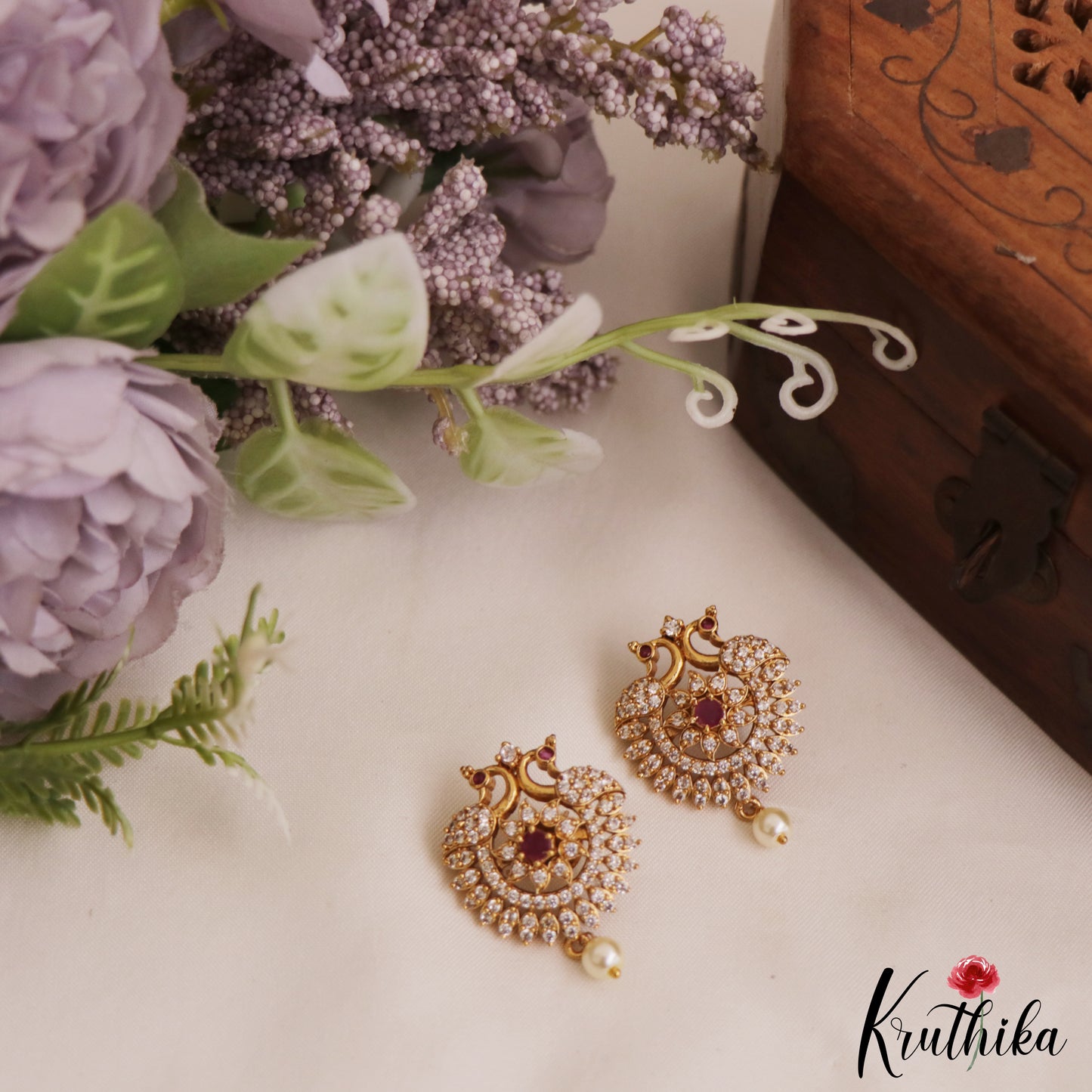 Sparkling CZ Peacock Floral Stud Earrings With Interchangeable Stones E1086