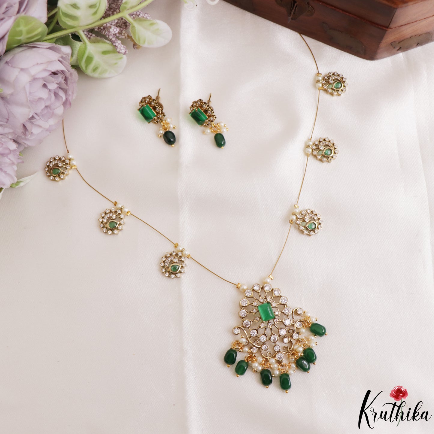 Trendy Floral Peacock Motifs CZ Invisible Chain With Green Bead Drops NC3249 (Available In 3 Colors)