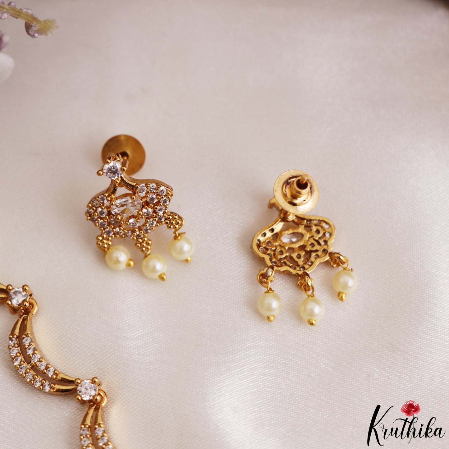Elegant Floral Motifs CZ Victorian Necklace With Pearl Drops  NC3235 (Available In 4 Colors)