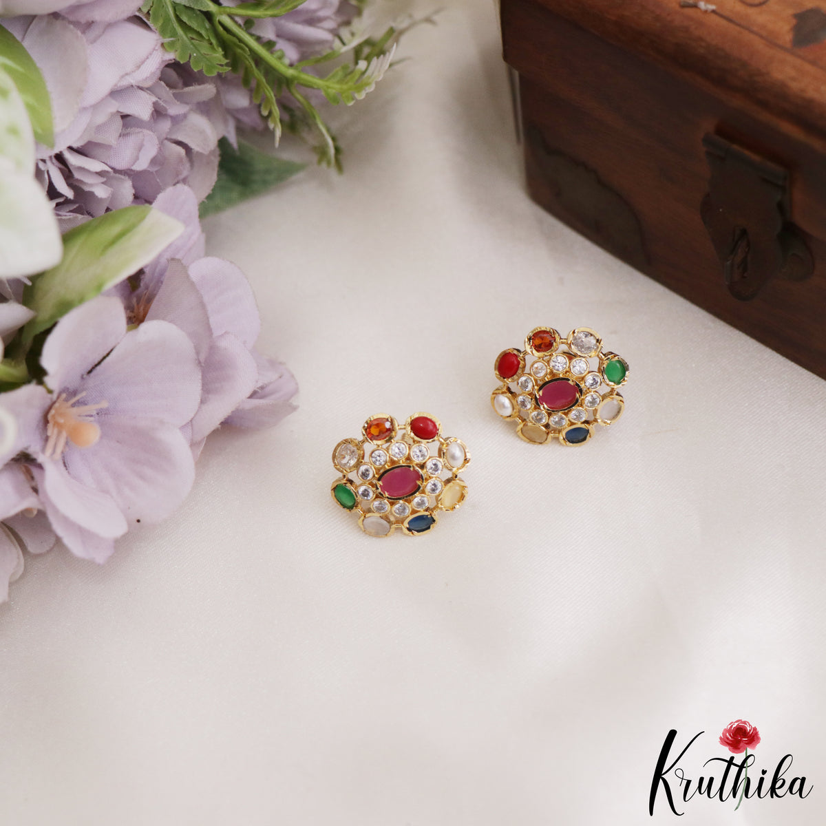 Designer Navratna Floral Earrings  E1234