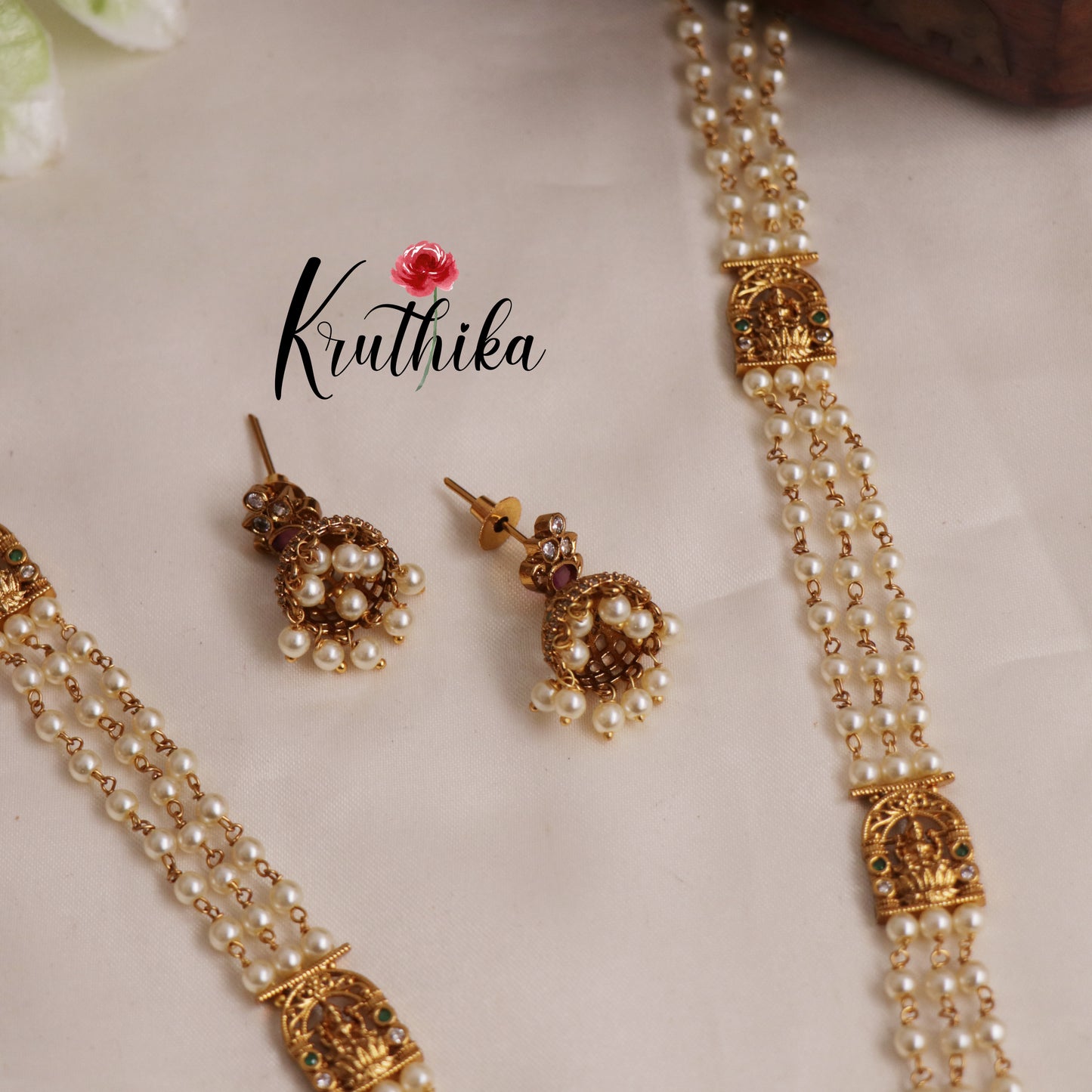 Beautiful Triple Layered Pearl Strands With Lakshmi Peacock Motifs Pendant Haaram LH2012