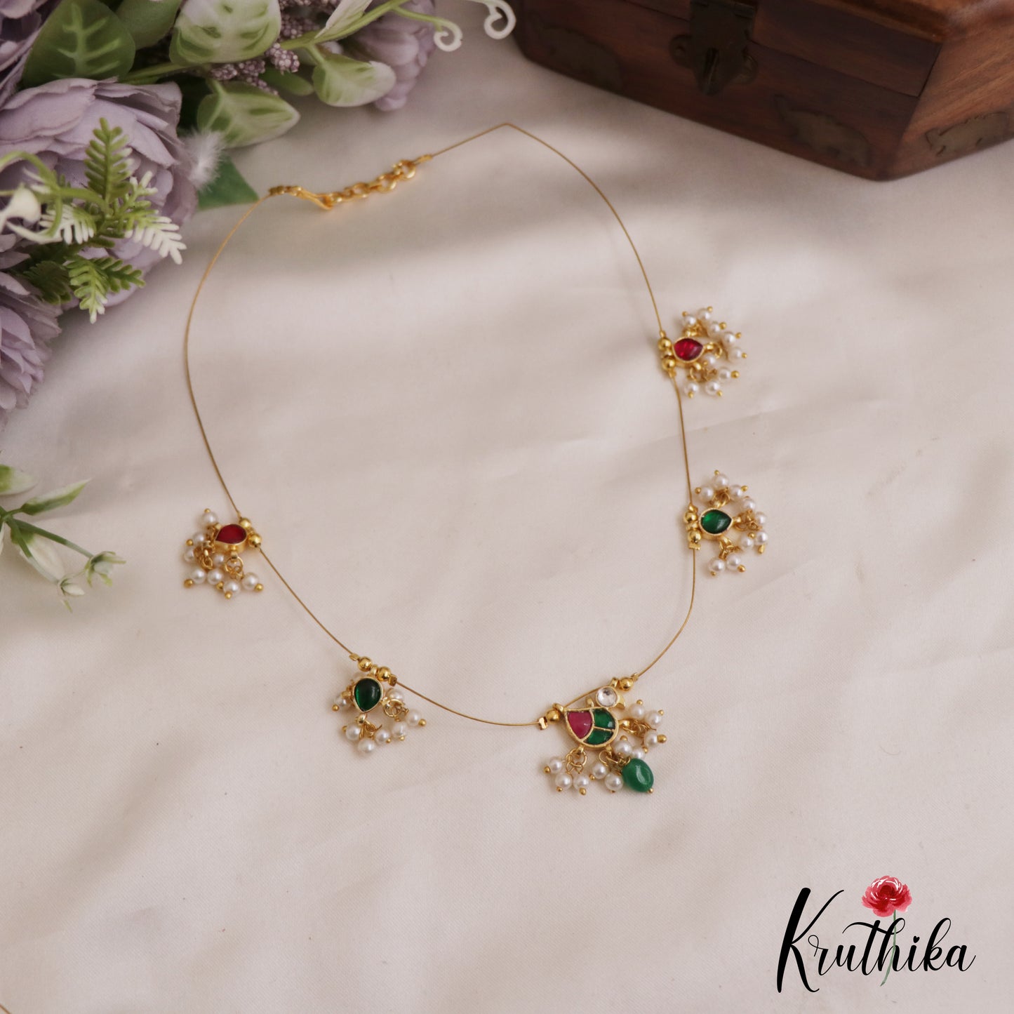 Pretty Teardrop Motifs Jadau Invisible Chain With Pearl Drops NC2720 (Available In 2 Colors)