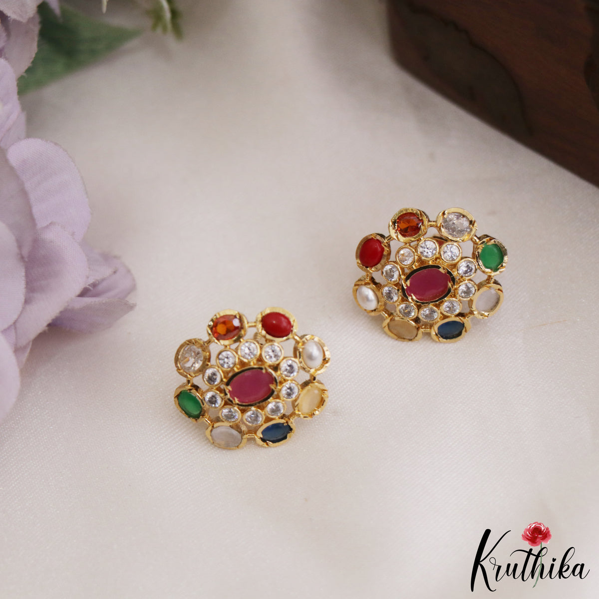 Designer Navratna Floral Earrings  E1234