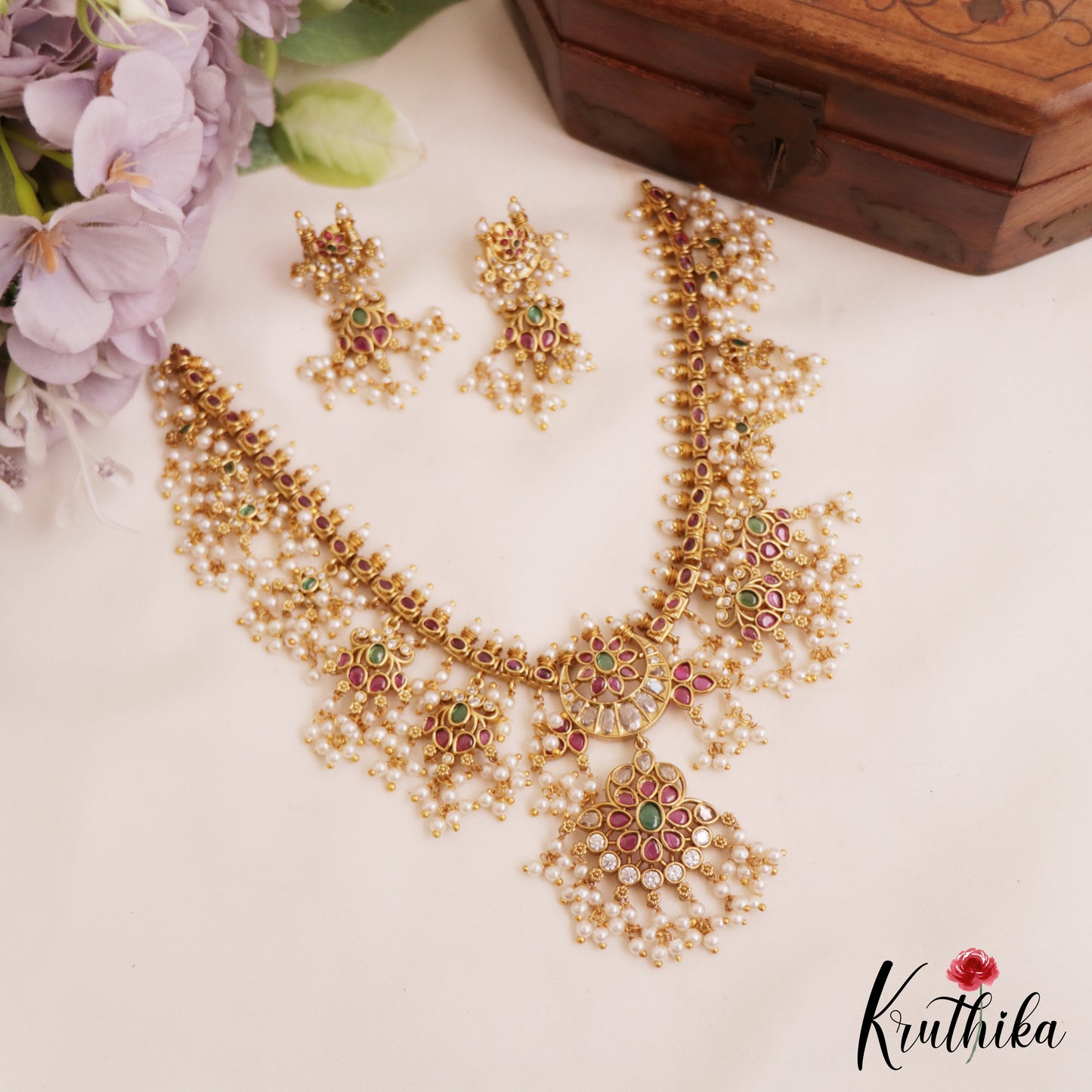 Elegant Floral Motifs Guttapoosalu Necklace With Pearl Drops NC2787