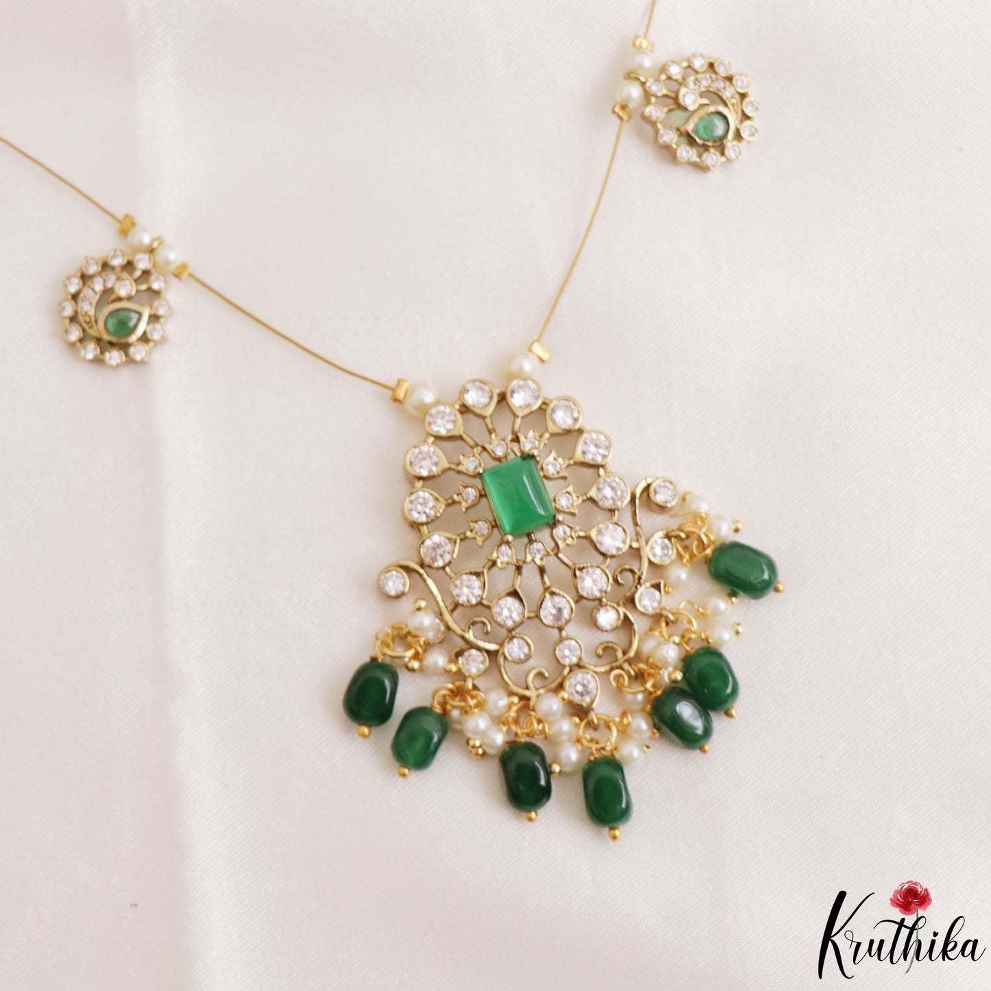 Trendy Floral Peacock Motifs CZ Invisible Chain With Green Bead Drops NC3249 (Available In 3 Colors)