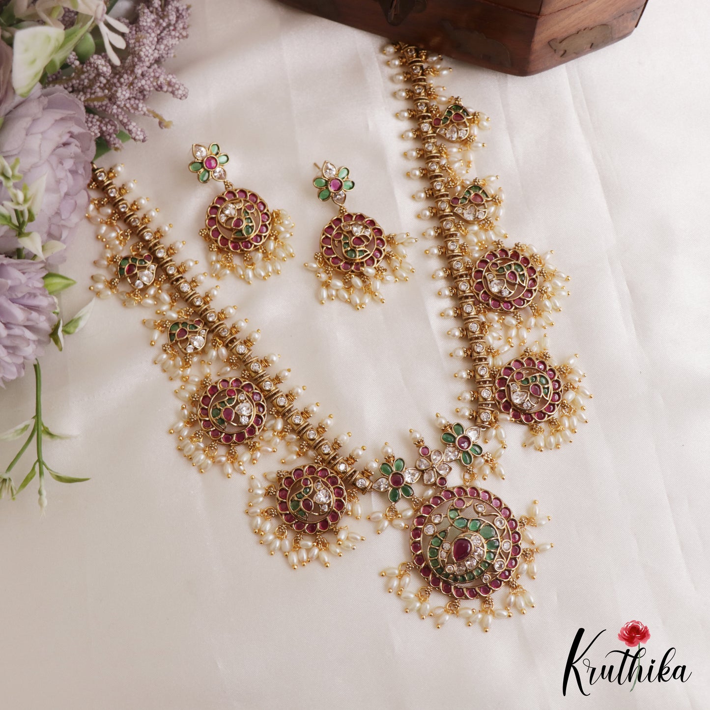 Stunning Peacock Floral Motifs Jadau Necklace With Rice Pearl Drops NC3134