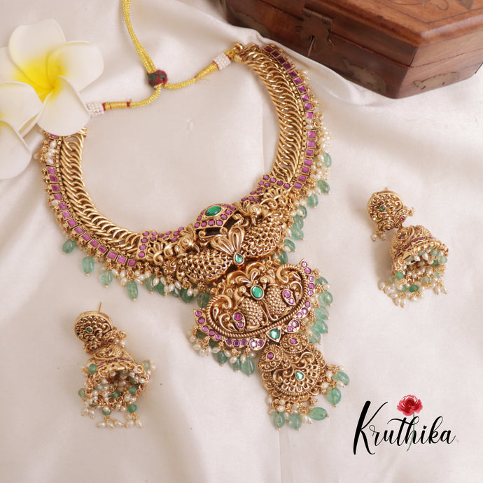 Royal Jadau peacock Jalebi style Necklace with mint beads NC1823