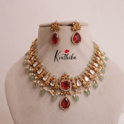 Elegant Peacock Victorian Moissanaite Stones Necklace with Pastel Green Beads NC1940 (Available in 2 Colours)