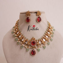 Pre order-Elegant Peacock Victorian Moissanaite Stones Necklace with Pastel Green Beads NC1940-Pre order booking 25 to 30 days