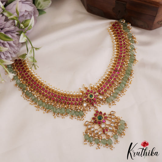 Premium Floral Motifs Jadau Necklace With Green Bead Drops NC2621