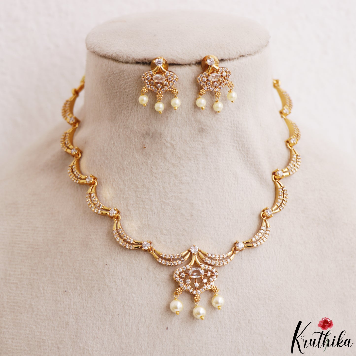 Elegant Floral Motifs CZ Victorian Necklace With Pearl Drops  NC3235 (Available In 4 Colors)