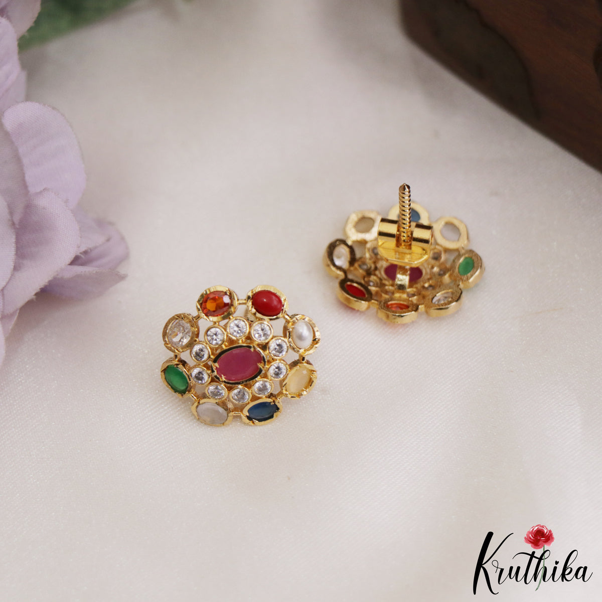Designer Navratna Floral Earrings  E1234