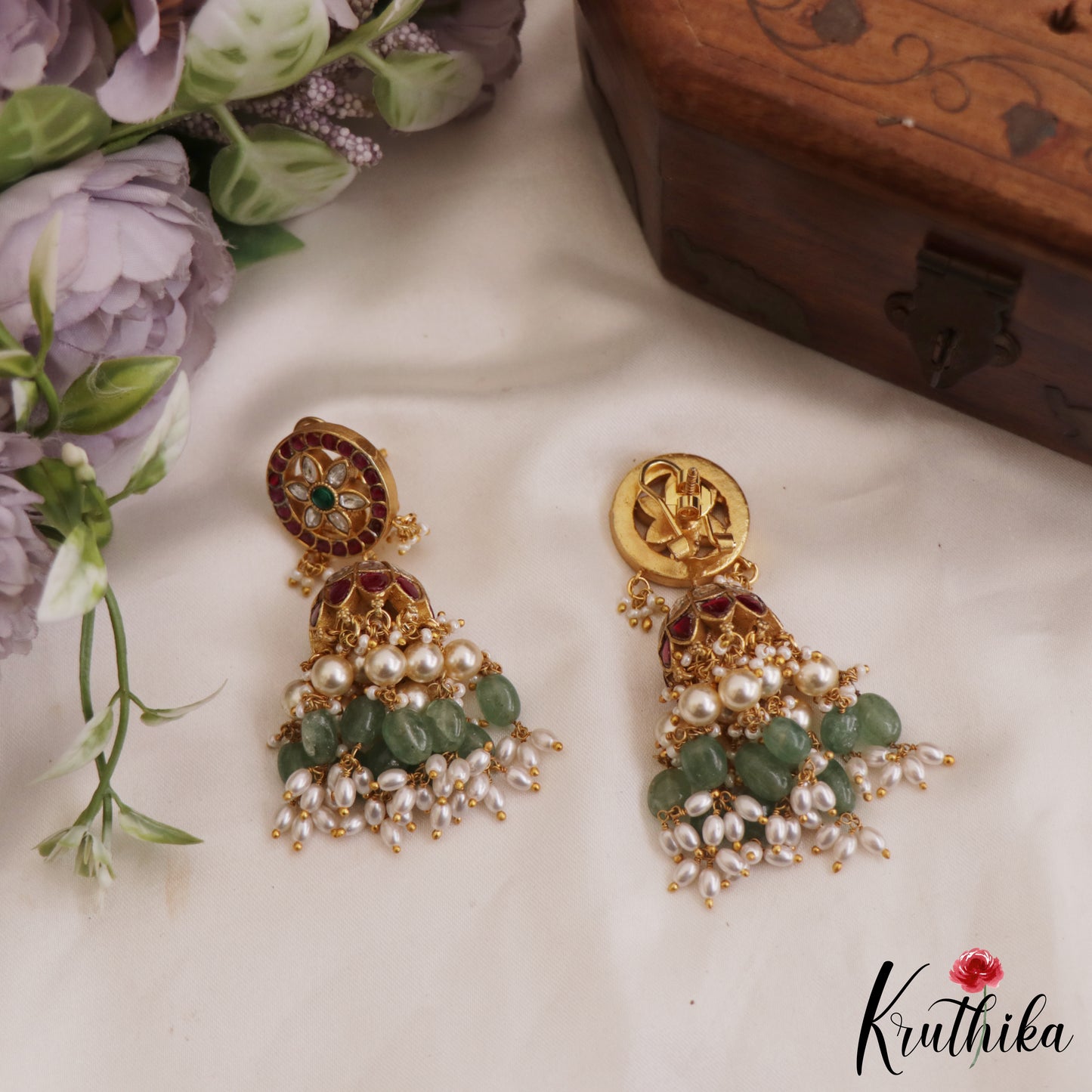 Gorgeous Kemp Floral Jhumka Earrings With Pearl And Bead Drops E873