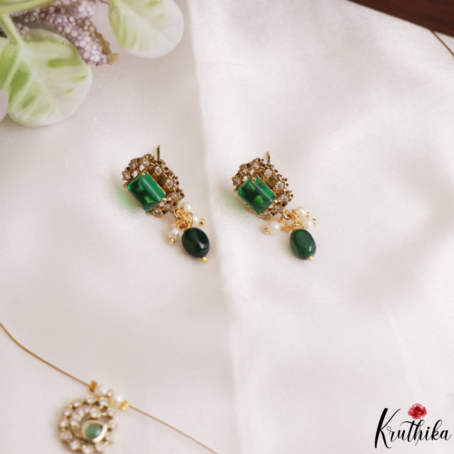 Trendy Floral Peacock Motifs CZ Invisible Chain With Green Bead Drops NC3249 (Available In 3 Colors)