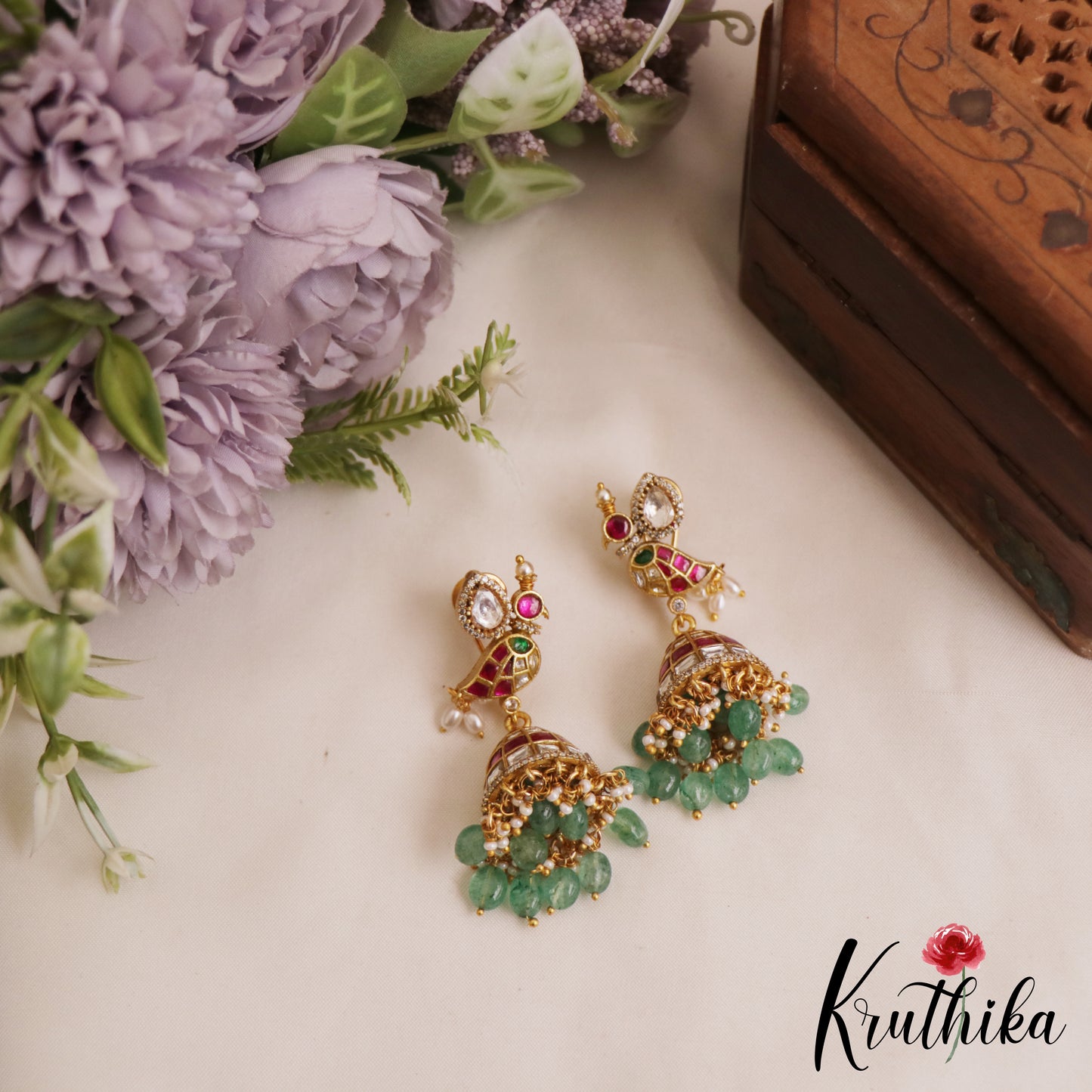 Beautiful Peacock Motifs Jadau Jhumka With Green Bead Drops E1037
