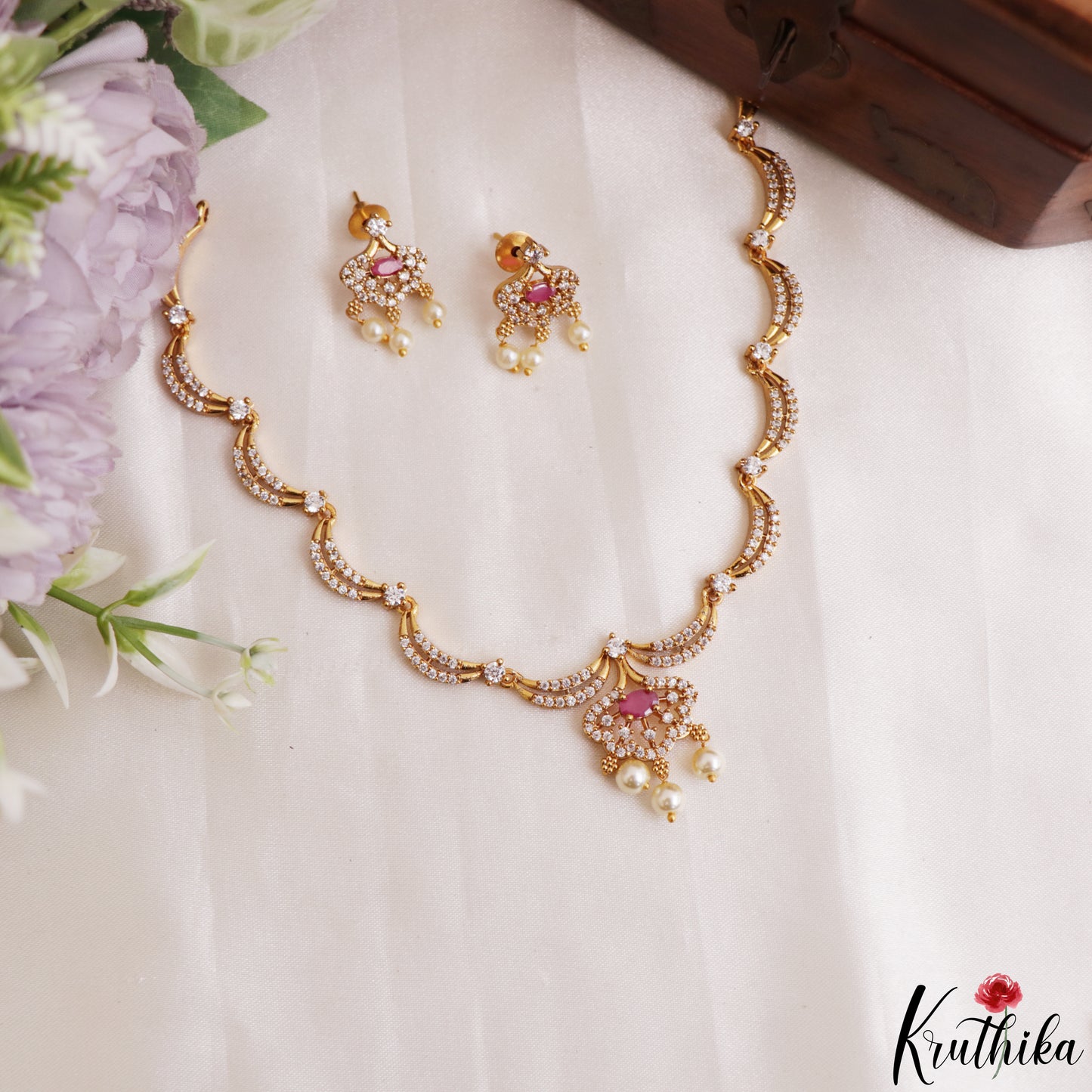 Elegant Floral Motifs CZ Victorian Necklace With Pearl Drops  NC3235 (Available In 4 Colors)