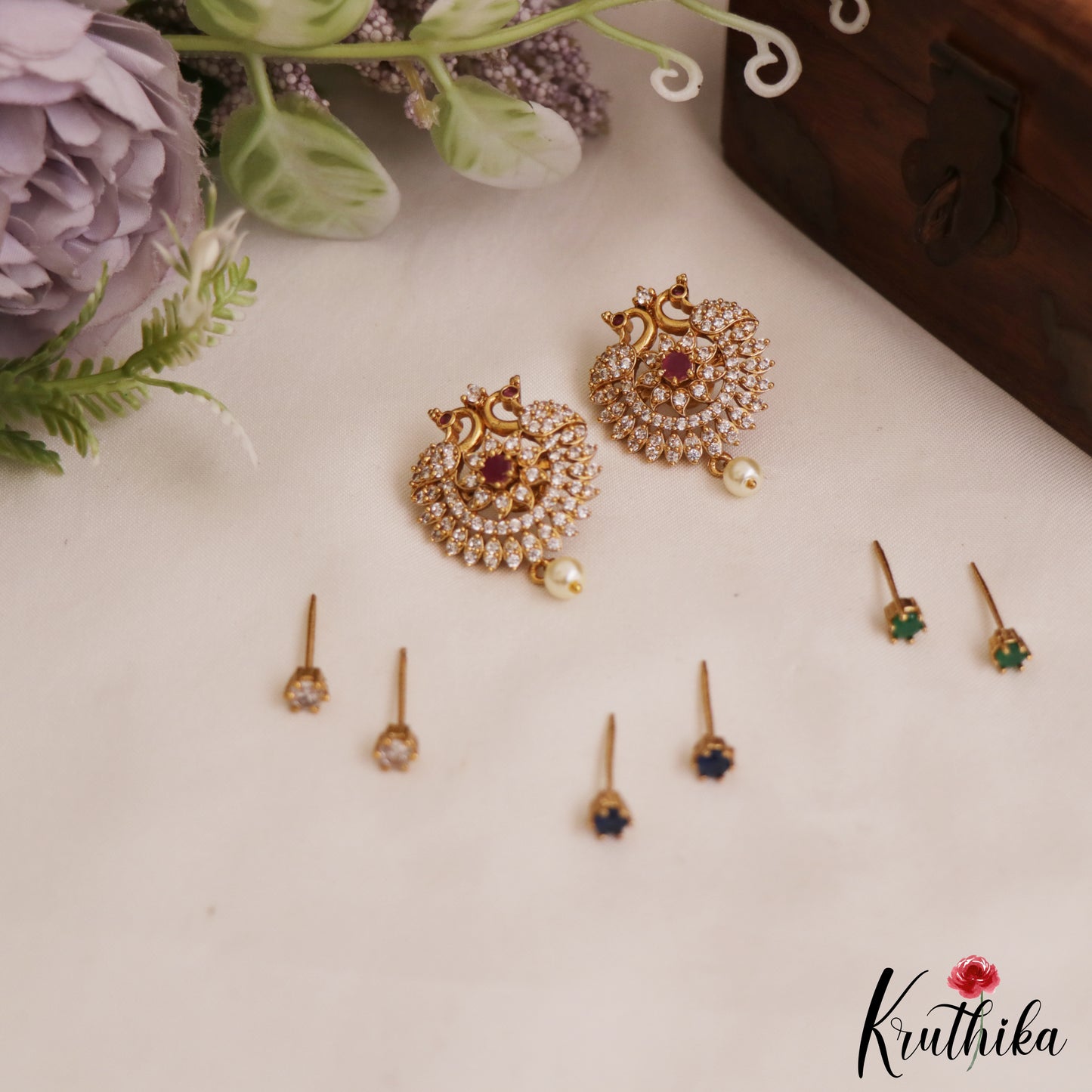 Sparkling CZ Peacock Floral Stud Earrings With Interchangeable Stones E1086