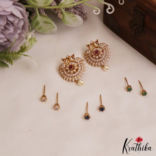Sparkling CZ Peacock Floral Stud Earrings With Interchangeable Stones E1086