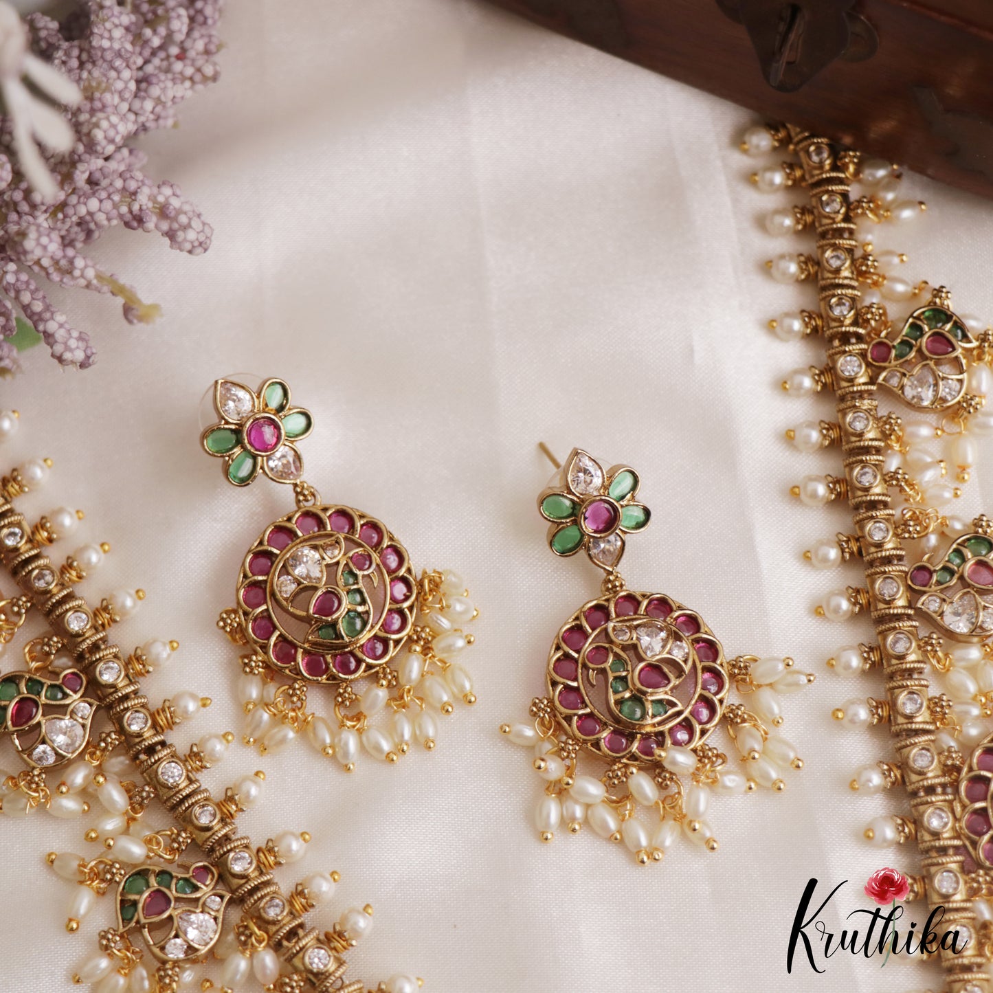 Stunning Peacock Floral Motifs Jadau Necklace With Rice Pearl Drops NC3134