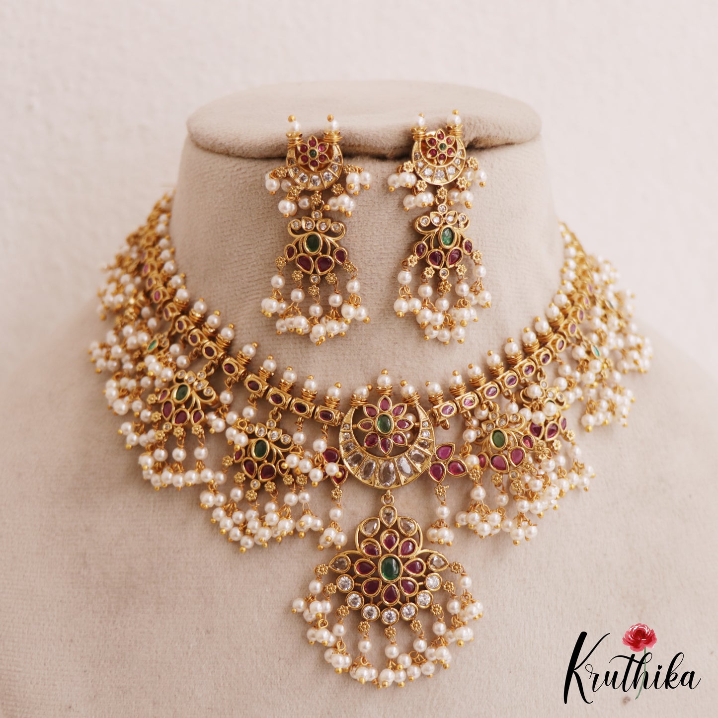 Elegant Floral Motifs Guttapoosalu Necklace With Pearl Drops NC2787