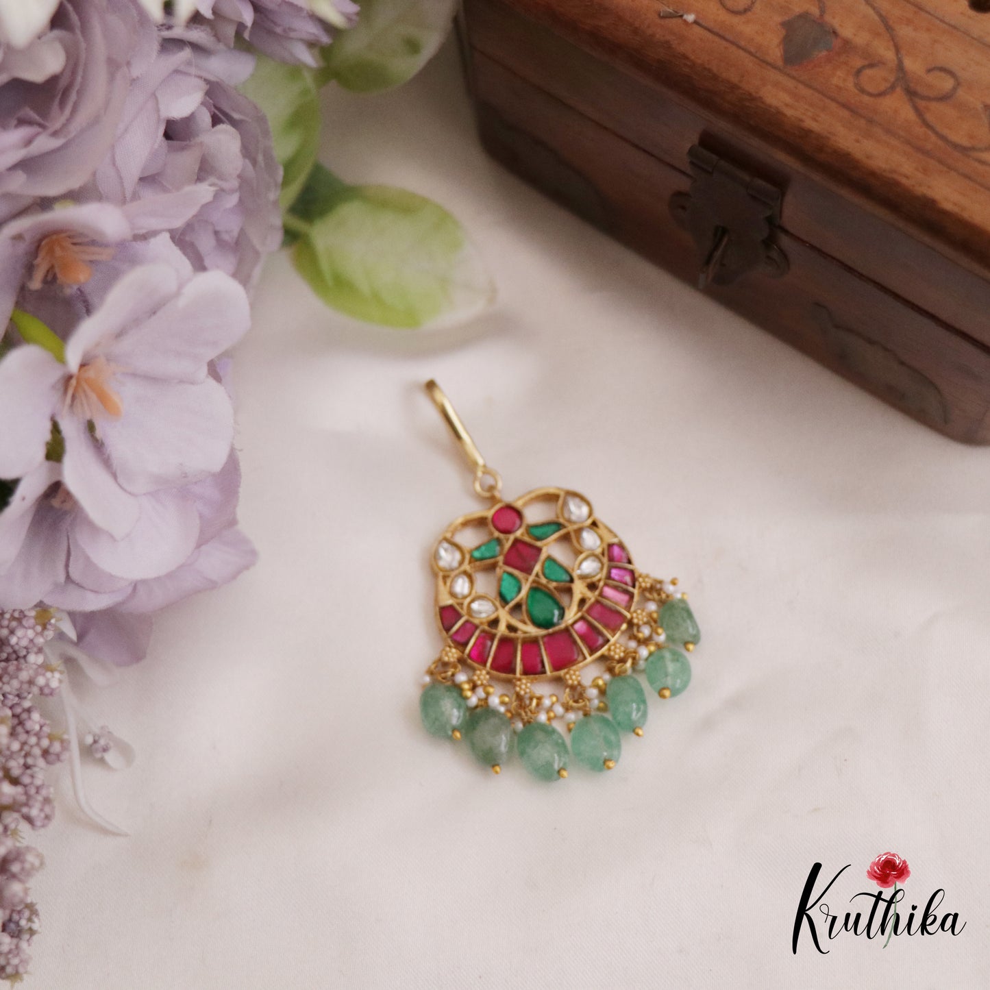 Elegant Teardrop Motifs Jadau Maang Tikka With Green Bead Drop MT350