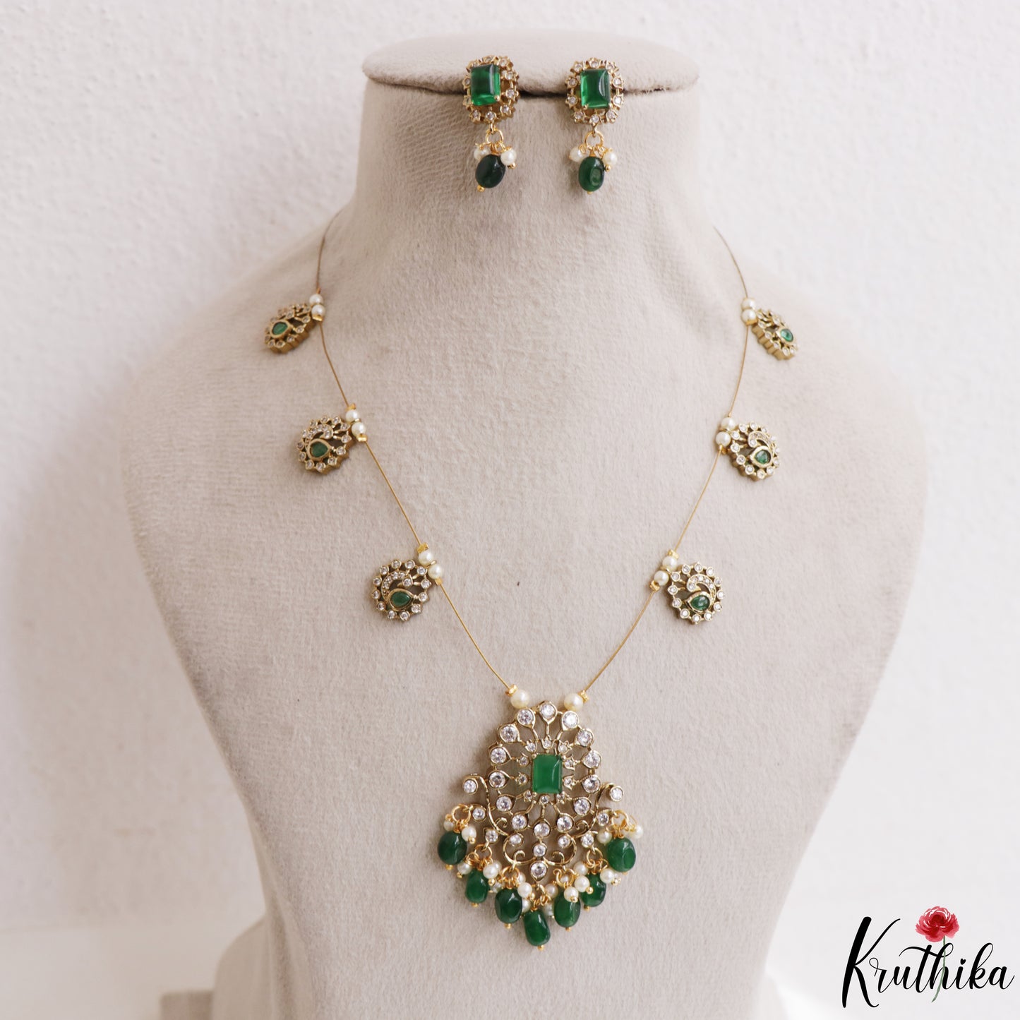 Trendy Floral Peacock Motifs CZ Invisible Chain With Green Bead Drops NC3249 (Available In 3 Colors)