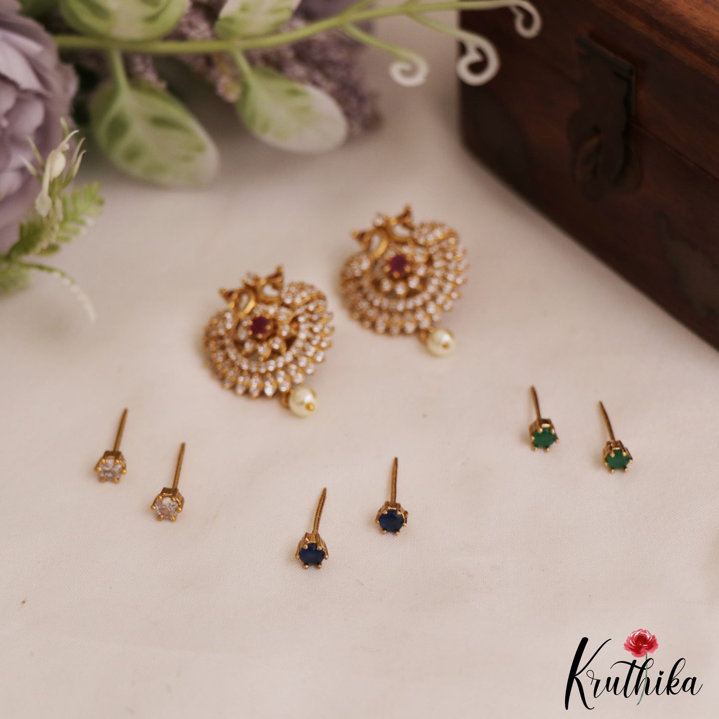 Sparkling CZ Peacock Floral Stud Earrings With Interchangeable Stones E1086