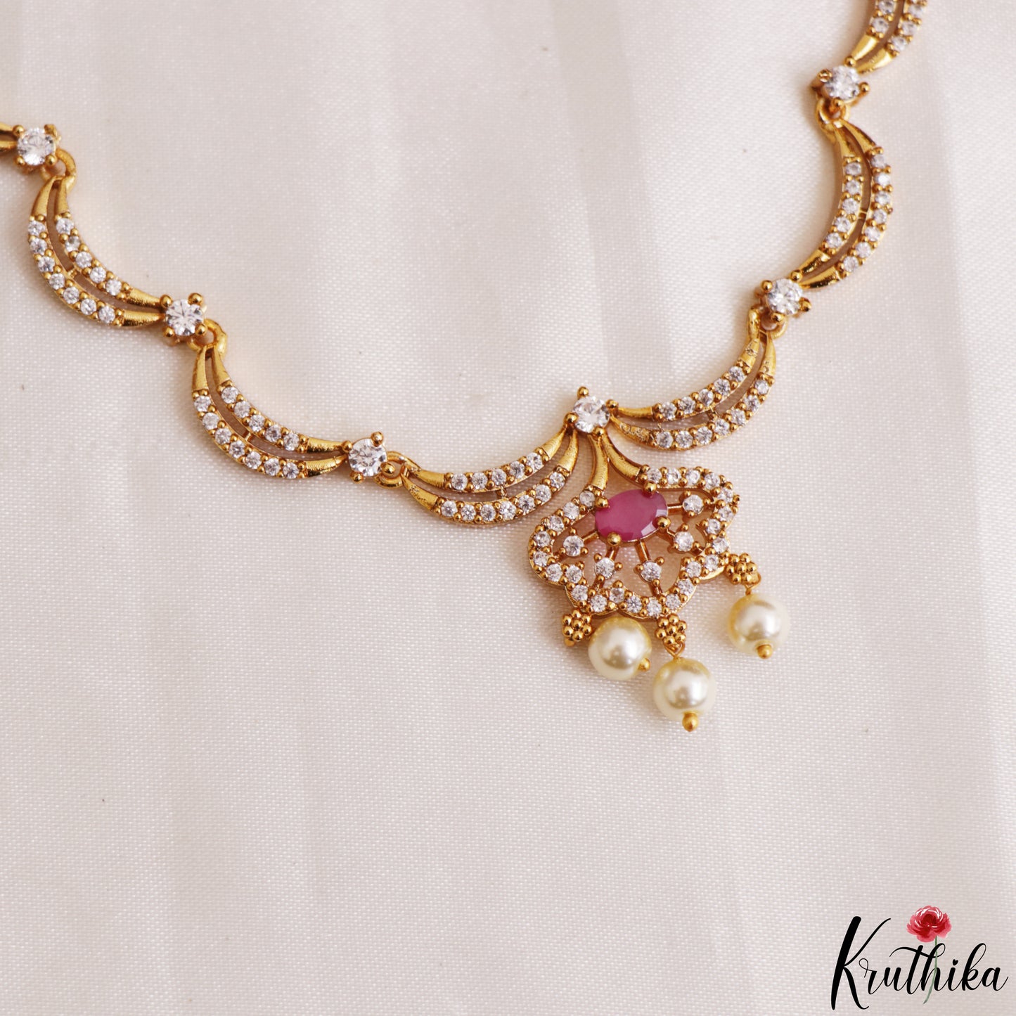 Elegant Floral Motifs CZ Victorian Necklace With Pearl Drops  NC3235 (Available In 4 Colors)