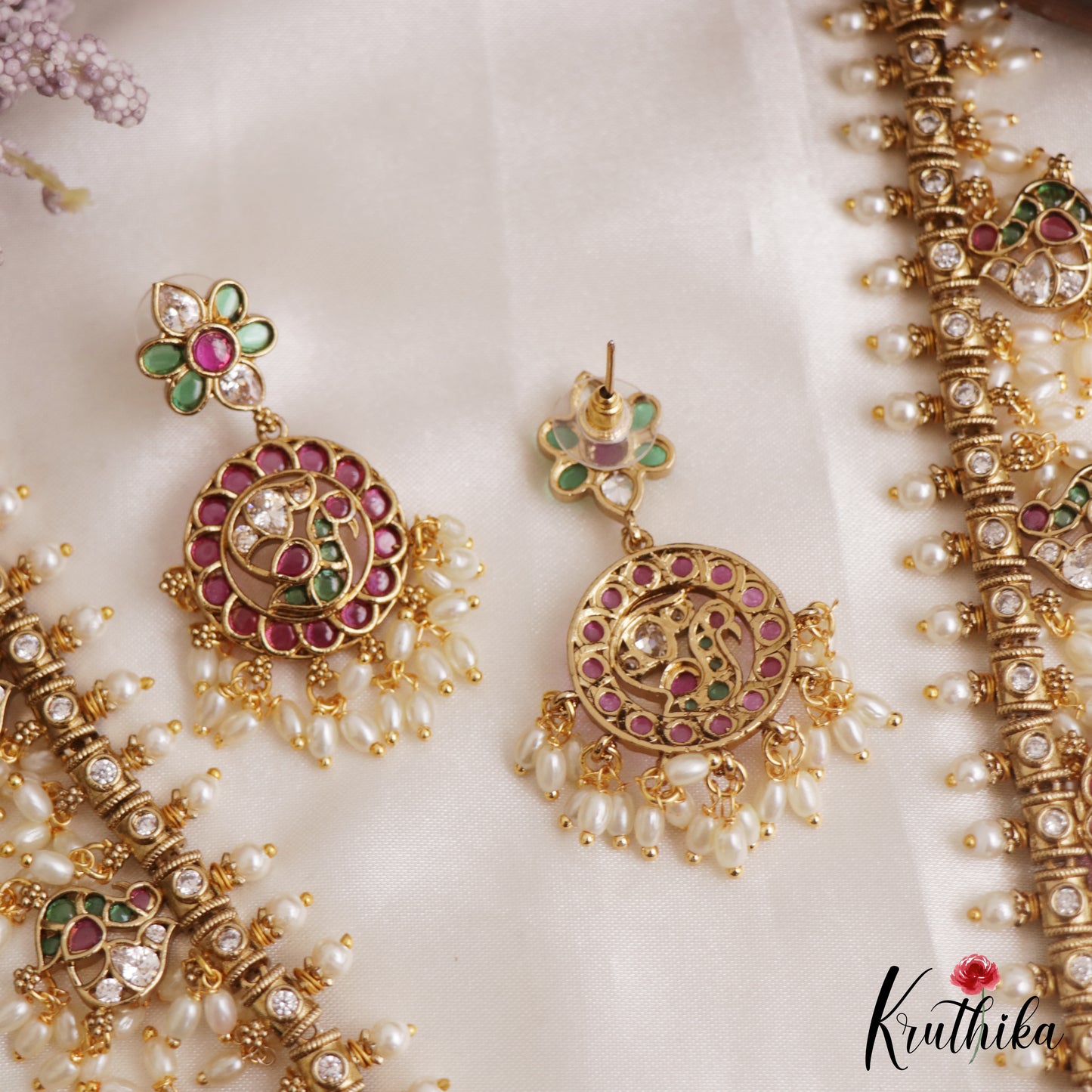 Stunning Peacock Floral Motifs Jadau Necklace With Rice Pearl Drops NC3134