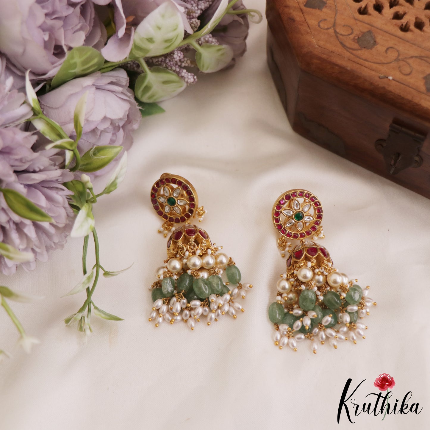 Gorgeous Kemp Floral Jhumka Earrings With Pearl And Bead Drops E873
