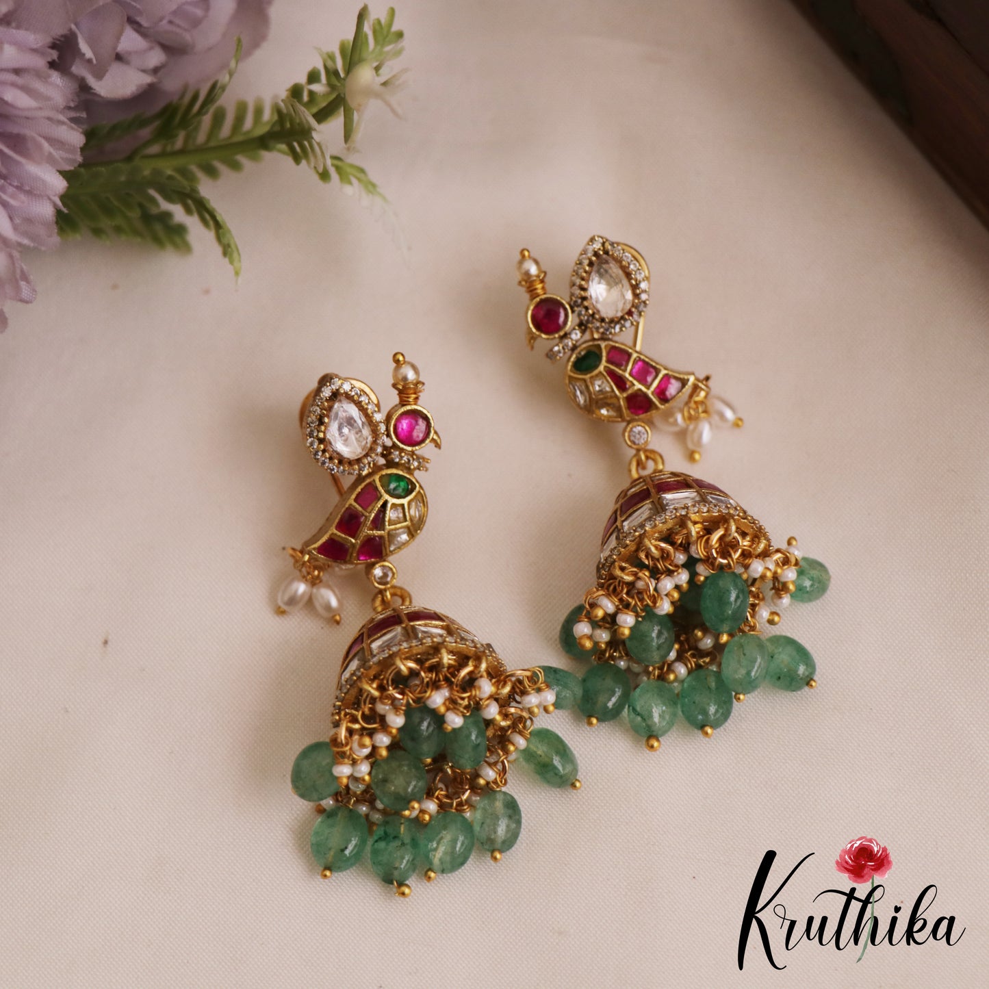 Beautiful Peacock Motifs Jadau Jhumka With Green Bead Drops E1037