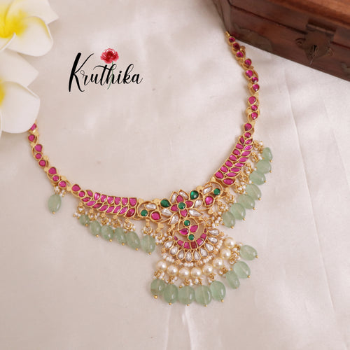 Elegant Jadau Stones Necklace with Pastel Green Beads NC1926