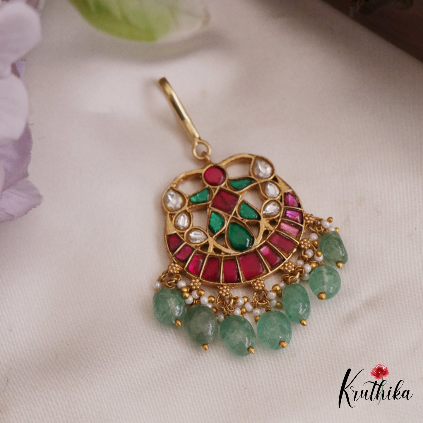Elegant Teardrop Motifs Jadau Maang Tikka With Green Bead Drop MT350