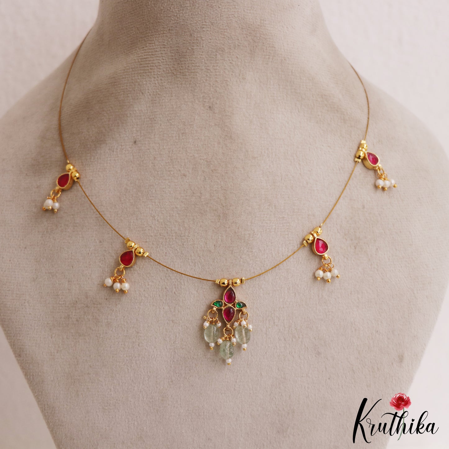 Trendy Teardrop Motifs Jadau Invisible Chain With Green Bead Drops NC2990