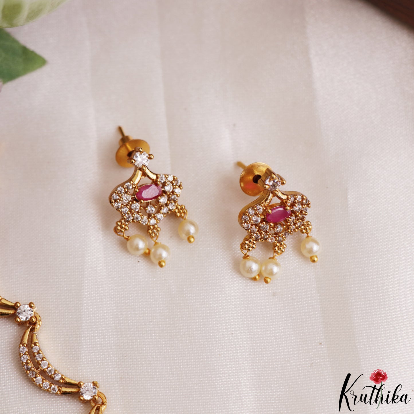Elegant Floral Motifs CZ Victorian Necklace With Pearl Drops  NC3235 (Available In 4 Colors)