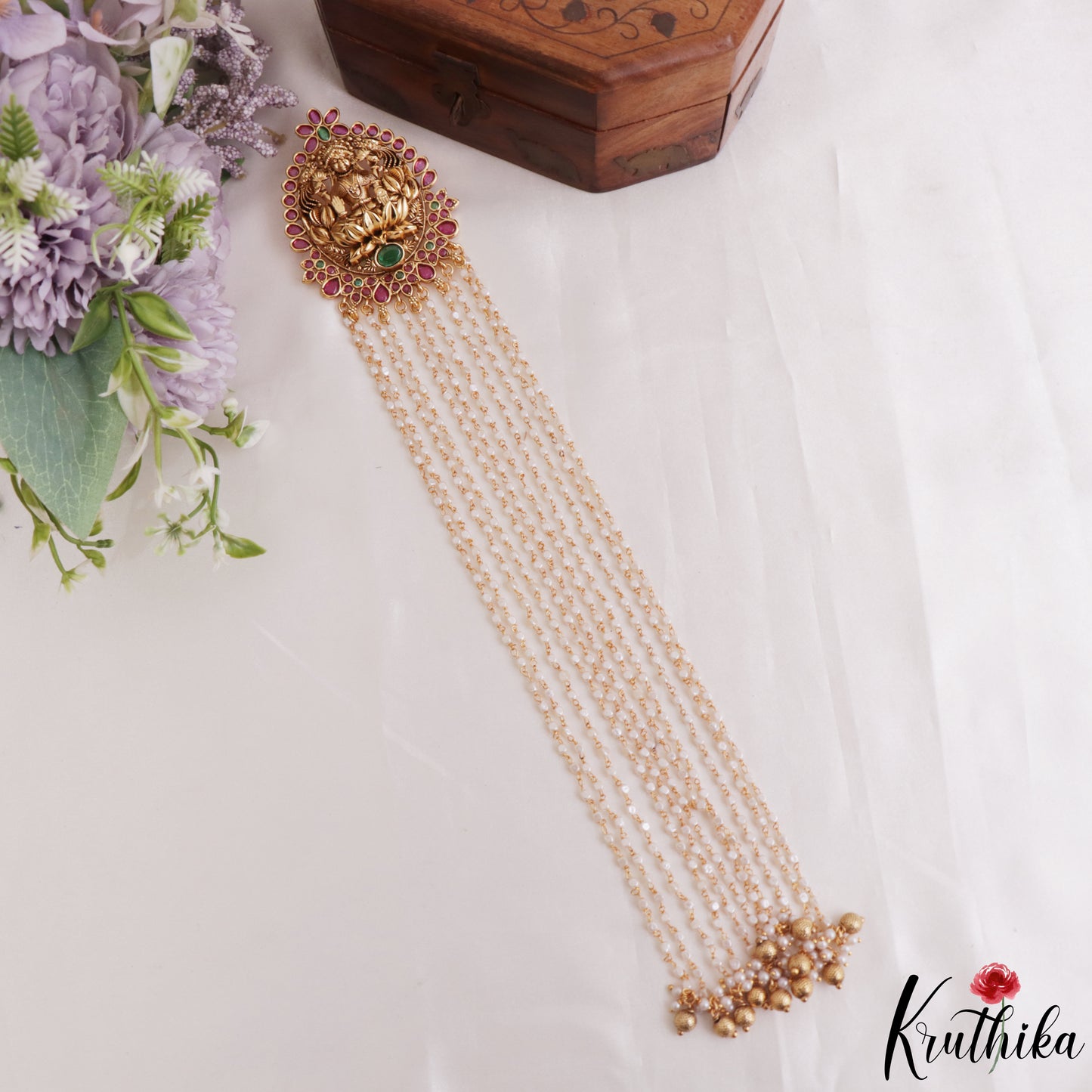 Premium Antique Nagas Lakshmi Motifs Multi Pearl Strand Kemp Jada Billa With Golden Bead Drops J420