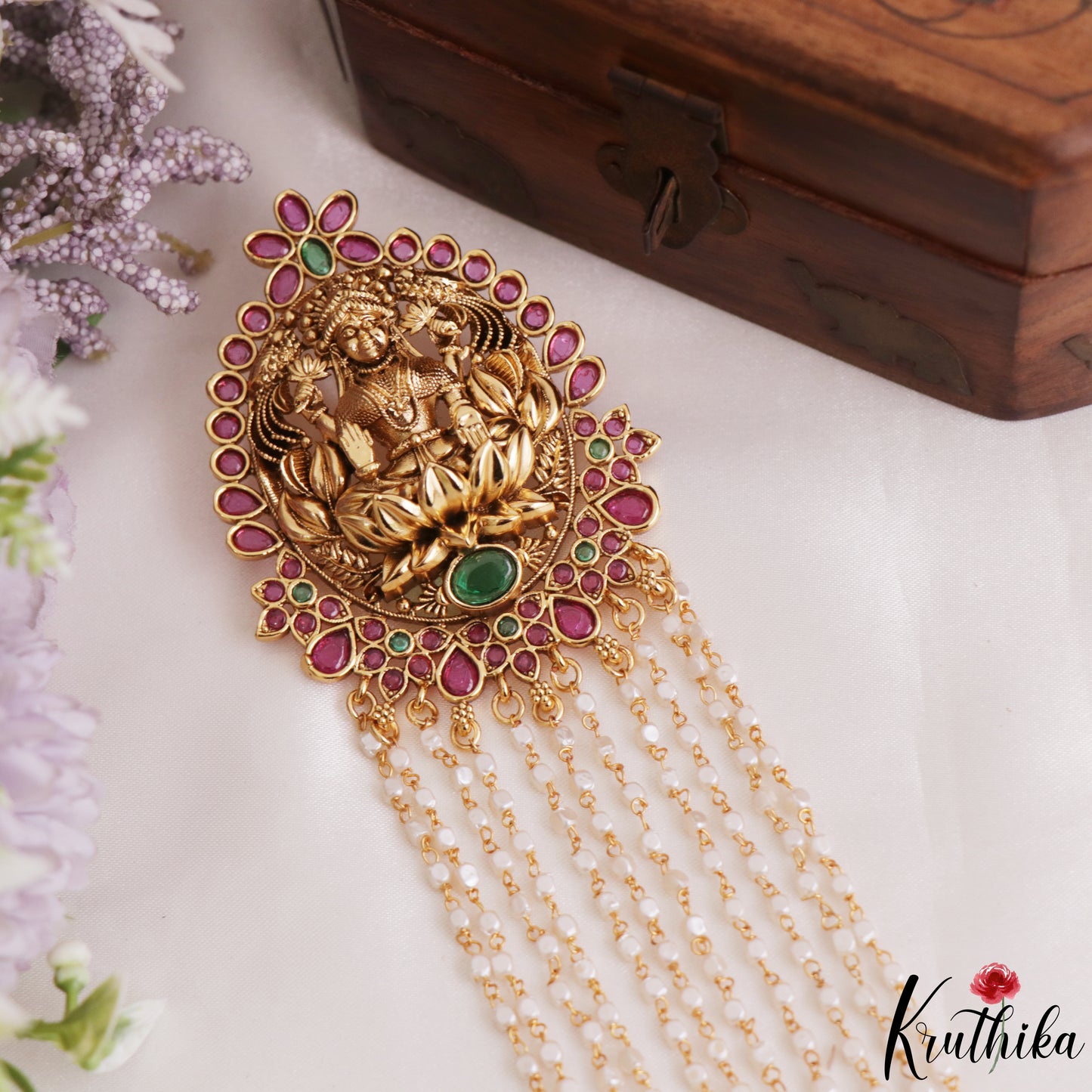 Premium Antique Nagas Lakshmi Motifs Multi Pearl Strand Kemp Jada Billa With Golden Bead Drops J420