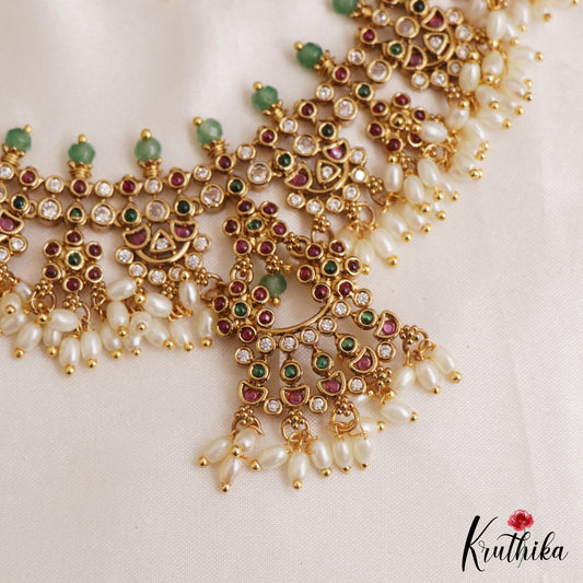 Beautiful Floral Geometric Motifs Kemp Necklace With Rice Pearl Drops NC3133
