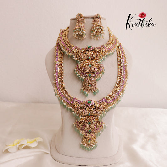 Royal Jadau peacock Jalebi style Necklace with mint beads NC1823