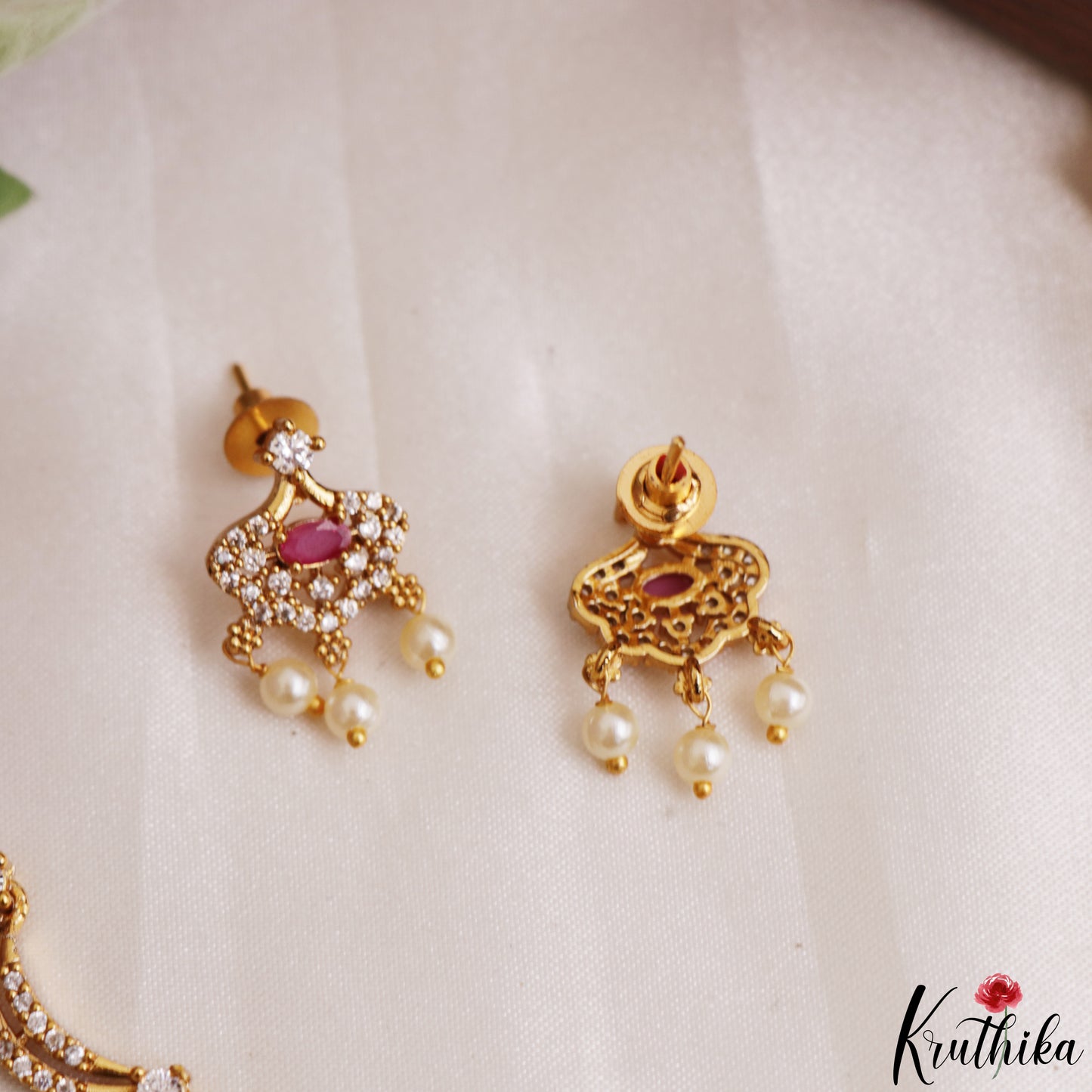 Elegant Floral Motifs CZ Victorian Necklace With Pearl Drops  NC3235 (Available In 4 Colors)
