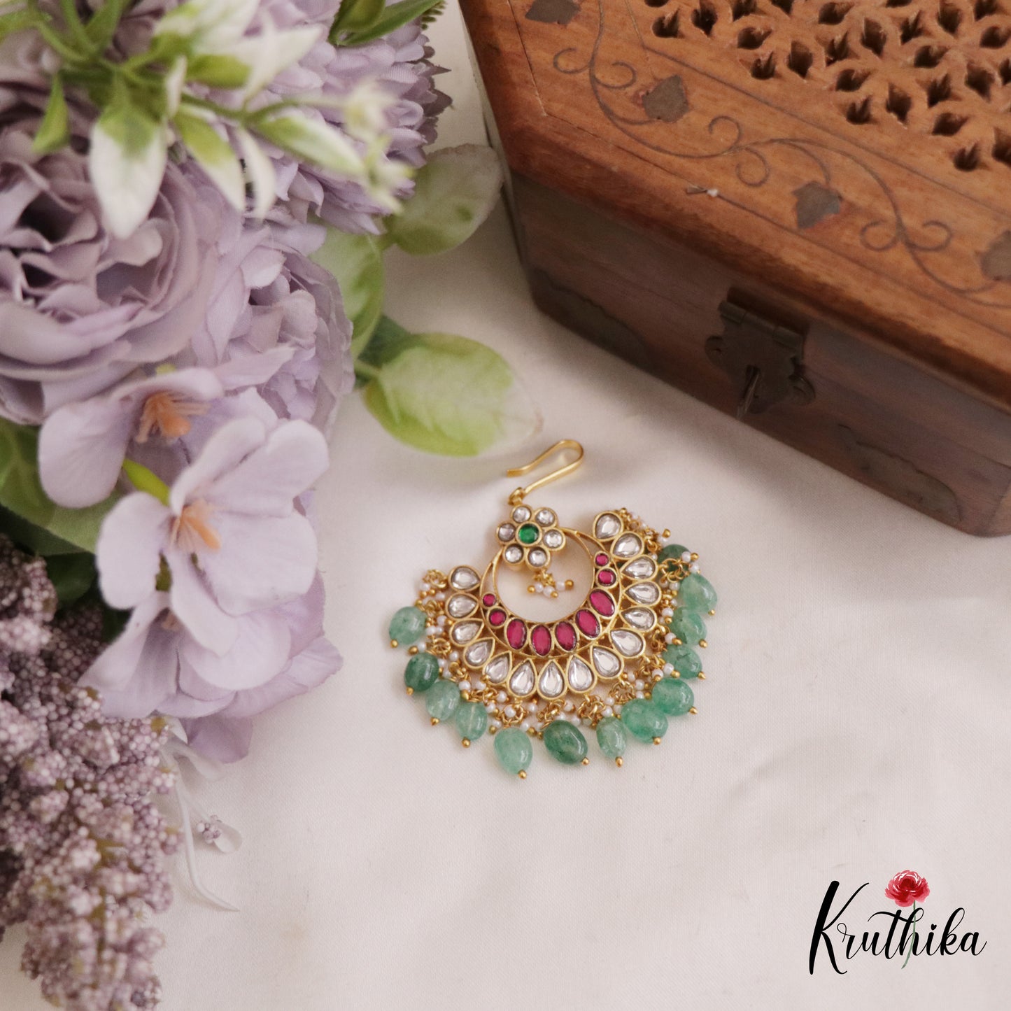 Beautiful Floral Teardrop Motifs Kemp Maang Tikka With Green Bead Drops  MT352