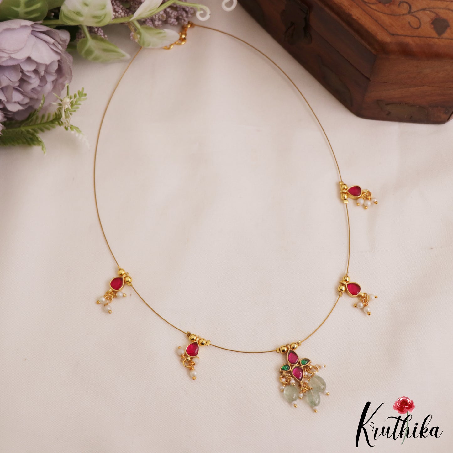 Trendy Teardrop Motifs Jadau Invisible Chain With Green Bead Drops NC2990
