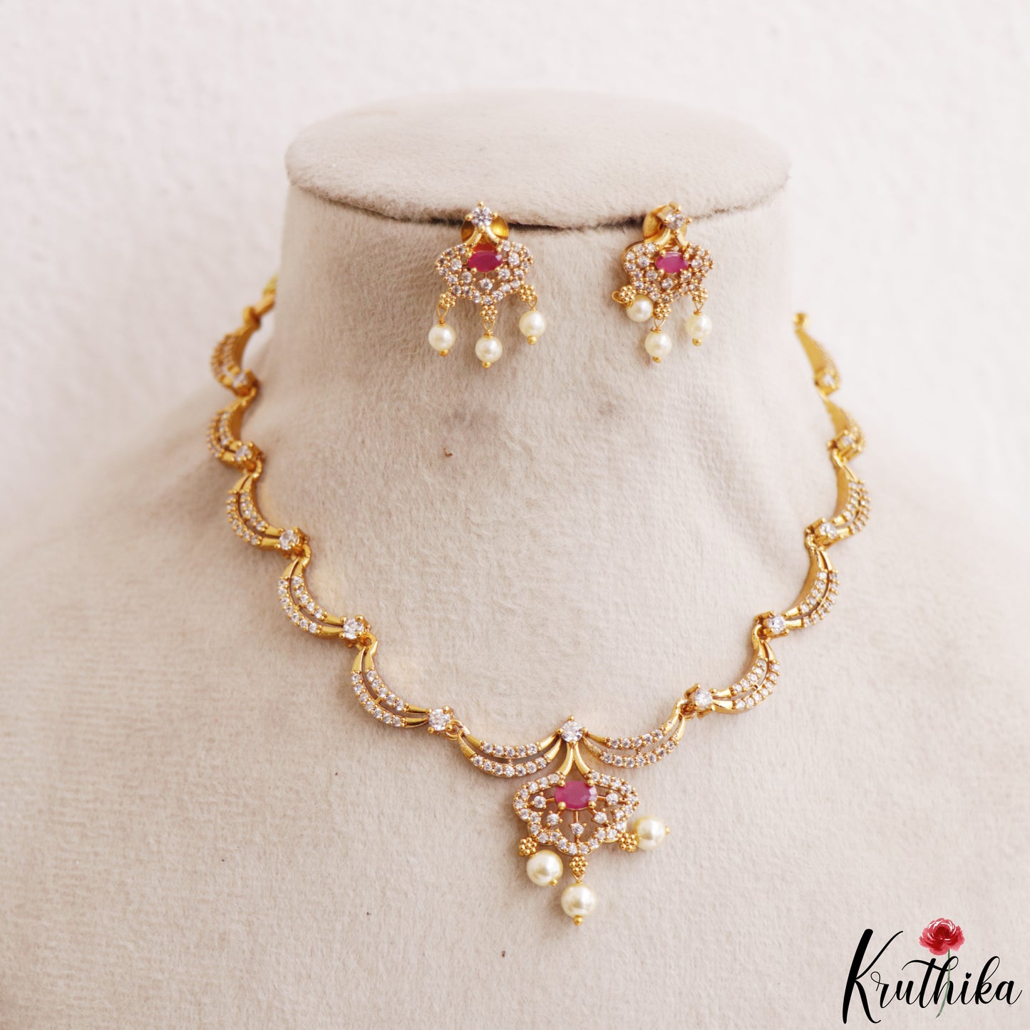Elegant Floral Motifs CZ Victorian Necklace With Pearl Drops  NC3235 (Available In 4 Colors)