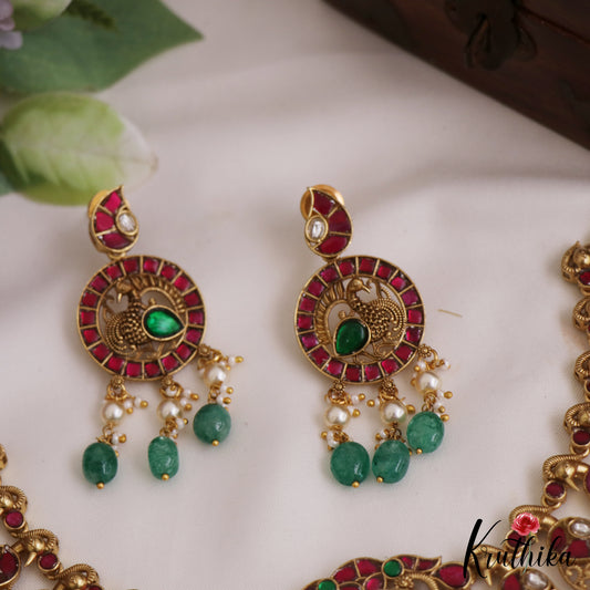 Premium Antique Peacock Motifs Jadau Choker With Green Bead Drops NC2768