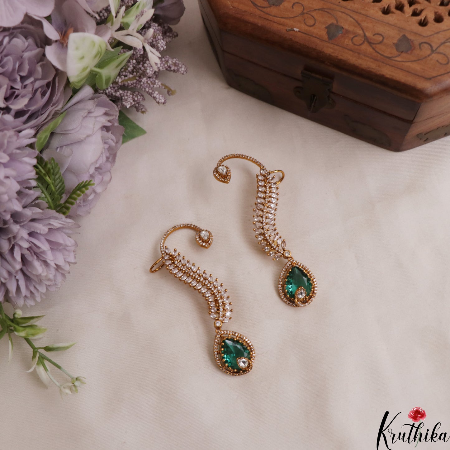 Gorgeous Leaf Teardrop Motifs CZ Victorian Ear Cuff E1138 (Available In 8 Colors)
