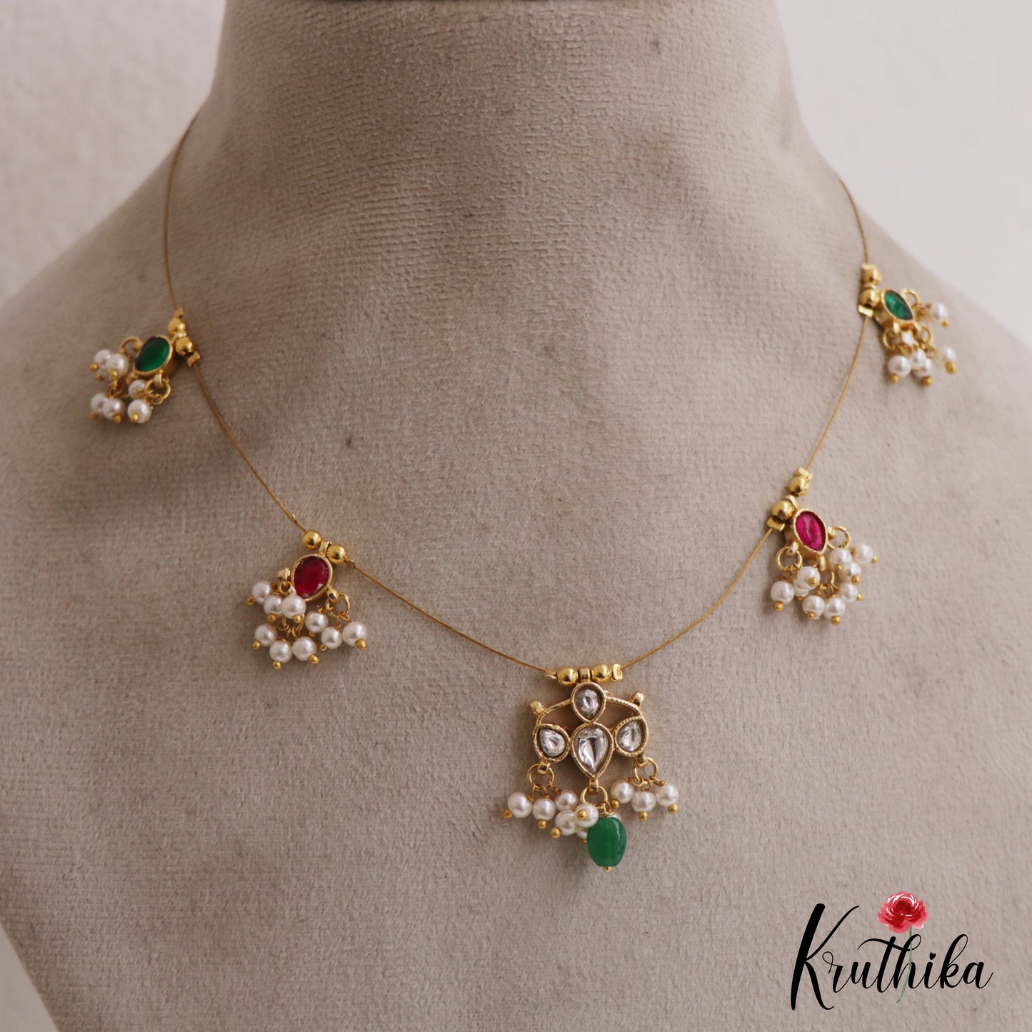 Simple Teardrop Motifs Jadau Invisible Chain With Pearl Drops NC2719 (Available In 4 Colors)