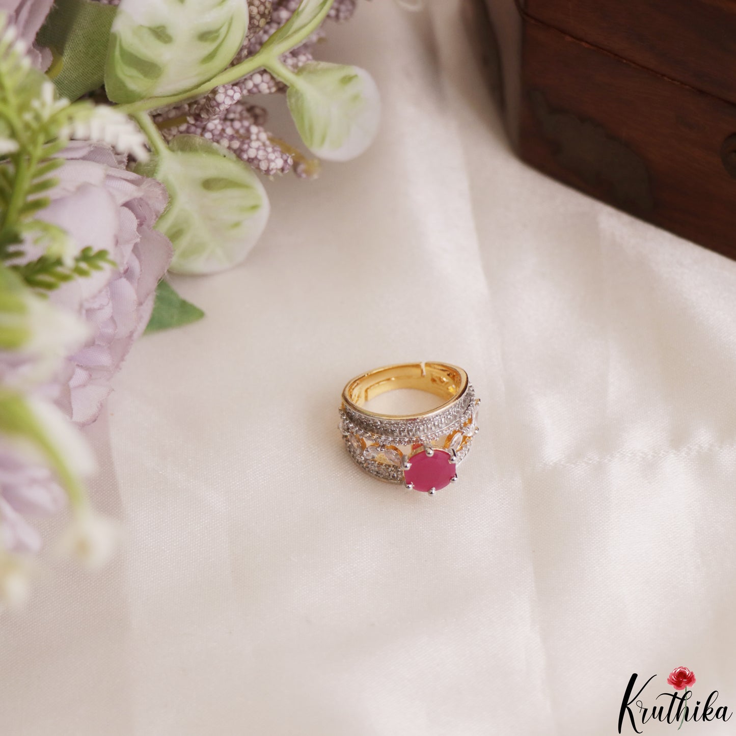 Pretty Adjustable CZ Finger Ring R57 (Available in 2 Colours)