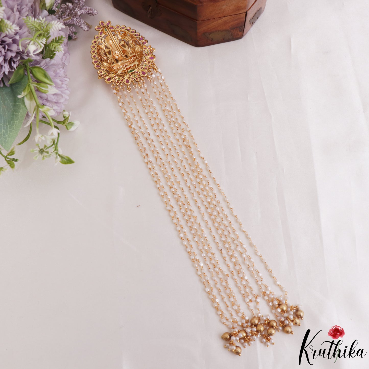 Premium Antique Nagas Lakshmi Motifs Multi Pearl Strand Kemp Jada Billa With Golden Bead Drops J420